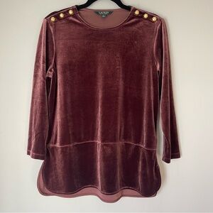 LAUREN Ralph Lauren Petite Large Velvet Tunic Blouse Brown 3/4 Sleeve Top